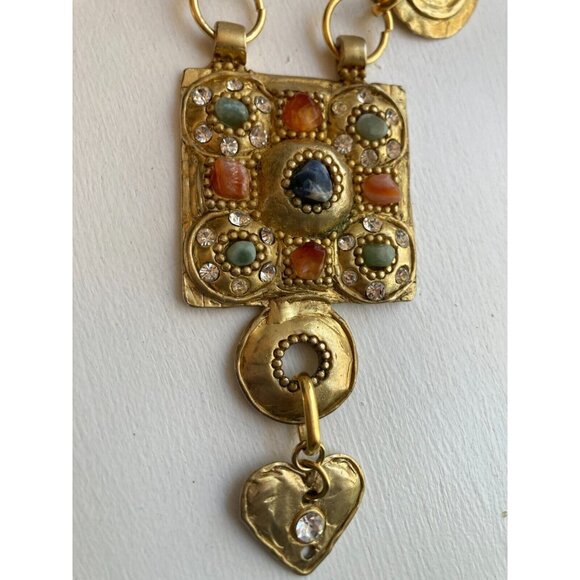 Vintage CLAIRE DEVE Gold Metal Double Chain Etruscan Statement Runway Necklace - Picture 9 of 16